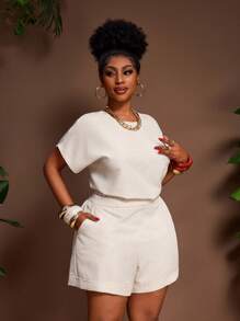 Slaydiva 2025 新款春夏大码复古西部/热带/音乐节/俱乐部/公路旅行/休闲/城市度假/毕业约会/优雅度假女士搭配亚麻圆领蝙蝠袖宽松上衣搭配荷叶边下摆高腰短裤 2 件套 - B - 卡其色 - 查看 4