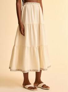 CAJUNI Boho Vacation Casual Embroidered Fringed Skirt, For Women In Apricot - Apricot - View 5