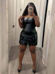 Slaydiva 2025 Spring/Summer New Arrival Music Festival, Easter, Western Bohemian Nashville Graduation Basic Versatile Casual Vacation Cruise Beach Sun Bathing Black Faux Leather Strapless Fringe Decor Fitted Waist Bodycon Plus Size Dress