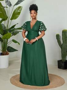 Maweii Vestido largo con escote en V, manga globo y estampado de lunares para mujer talla grande - Verde - Ver 5