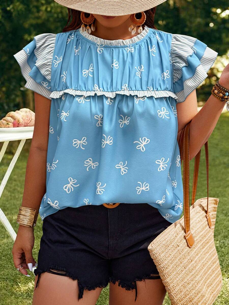 SHEIN Clasi Áo cánh mùa hè thường ngày cổ tròn tay lỡ in họa tiết ngẫu nhiên cỡ lớn - Màu xanh lam - Xem 1