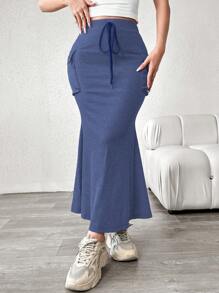 Mulvari Women's Solid Color Simple Daily Wear Drawstring Waist Skirt Maxi Women - Dusty Blue - View 7