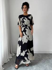 Modelyn Women's Elegant Spring/Summer Round Neck Ruffle Flare Sleeve Fitted Flowy Chiffon Dress - Black - View 5