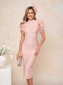 Ellevyn Damen elegantes Alltagskleid mit Mesh-Einsätzen, transparentem Layering-Look und Rüschenärmeln, tailliert geschnitten - Altrosa - Übersicht 3