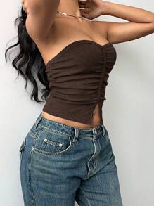 SHEIN BASICS Casual Solid Color Knit Crop Top, Fitting Women Shirt - Brown - View 3