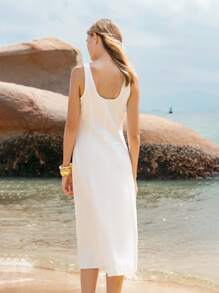 Lumivelle Vestido de suéter jeans feminino sem mangas, cor sólida, vestido camisola, moderno para o verão - Branco - Ver 2