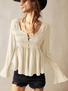 Bohemela 度假休闲纯色 V 领长袖编织女式衬衫