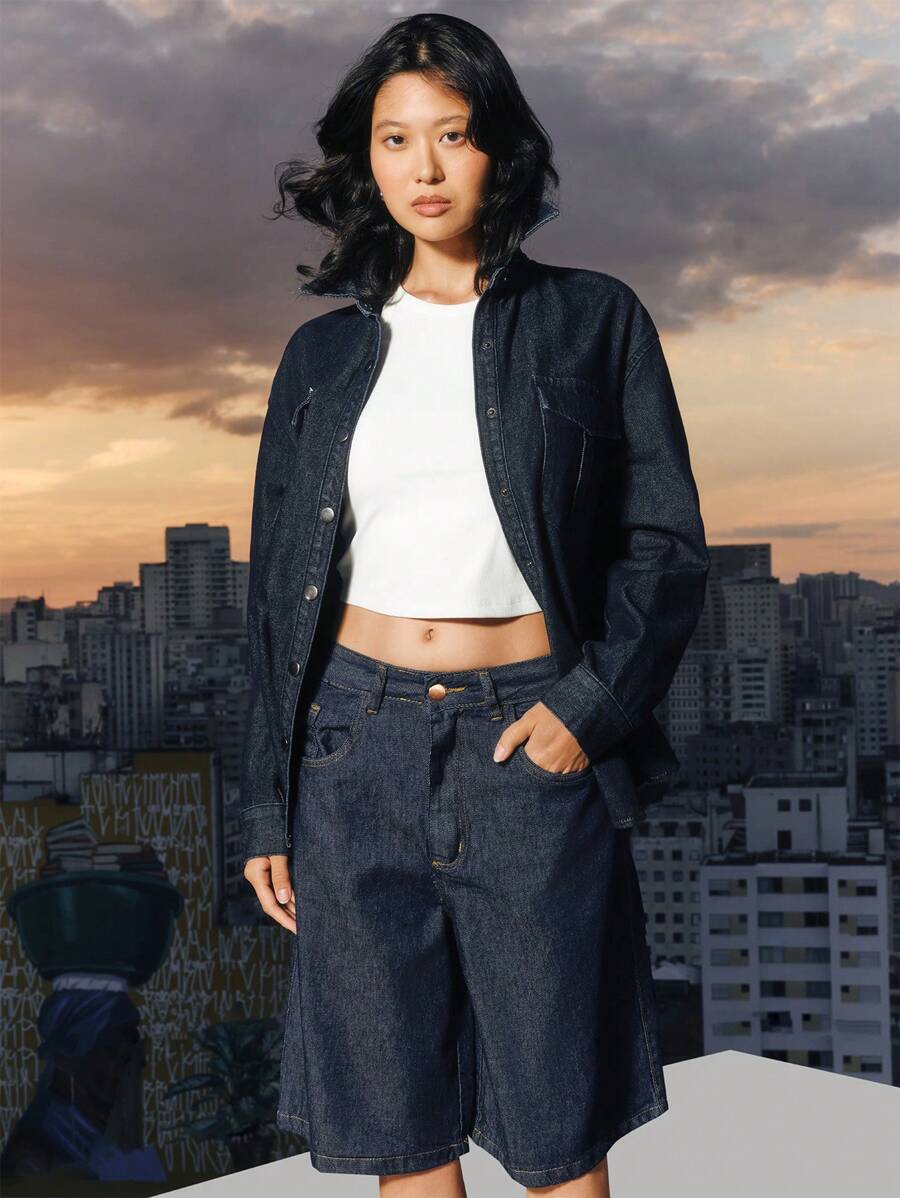 Daynim 女士休闲宽松牛仔衬衫，长袖，原色牛皮衬衫