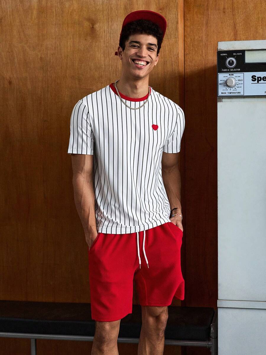 Manfinity VCAY Men's Striped Knitted Casual Short Sleeve T-Shirt And Shorts Sets Summer Outfit