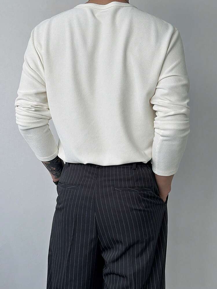 Men's Solid Color Textured Half Placket T-Shirt, Basic White,Back To School Long Sleeve Men Shirt, Fall