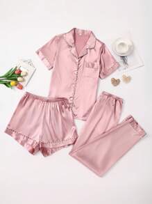 LuxeNights Conjunto de 3 piezas de pijama de seda sintética de unicolor con ribete de contraste y cuello de solapa, para vacaciones
