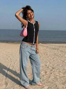 Jouncy 女式休闲度假纽扣前无袖针织上衣 - 黑色 - 查看 4