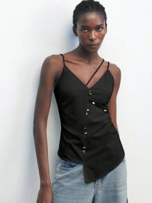 SHEIN Maija 2025 秋冬新款上衣，适合音乐节、早午餐、毕业典礼、户外活动、海滩度假、假日设计，不对称剪裁，金属手工缝制纽扣装饰，隐形后拉链，合身廓形，时尚简约百搭优雅休闲派对女式上衣吊带背心复古风格 - 黑色 - 查看 1