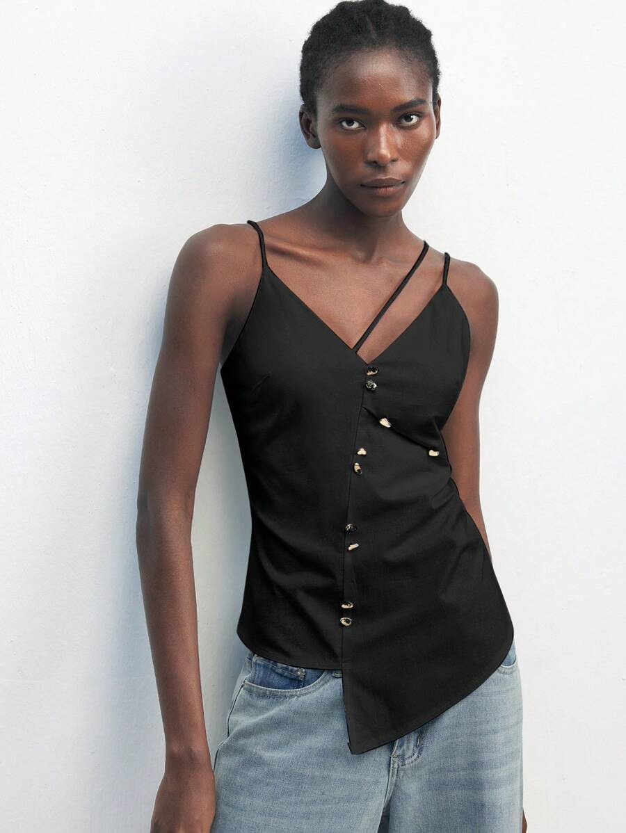 SHEIN Maija 2025 秋冬新款上衣，适合音乐节、早午餐、毕业典礼、户外活动、海滩度假、假日设计，不对称剪裁，金属手工缝制纽扣装饰，隐形后拉链，合身廓形，时尚简约百搭优雅休闲派对女式上衣吊带背心复古风格 - 黑色 - 查看 1