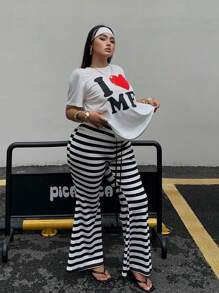 POPSWAY New Retro American Style Vacation Striped Relaxed High Waist Slimming Flare Pants, Casual & Versatile Wide Leg Trousers For Women Fall Cloth For Women