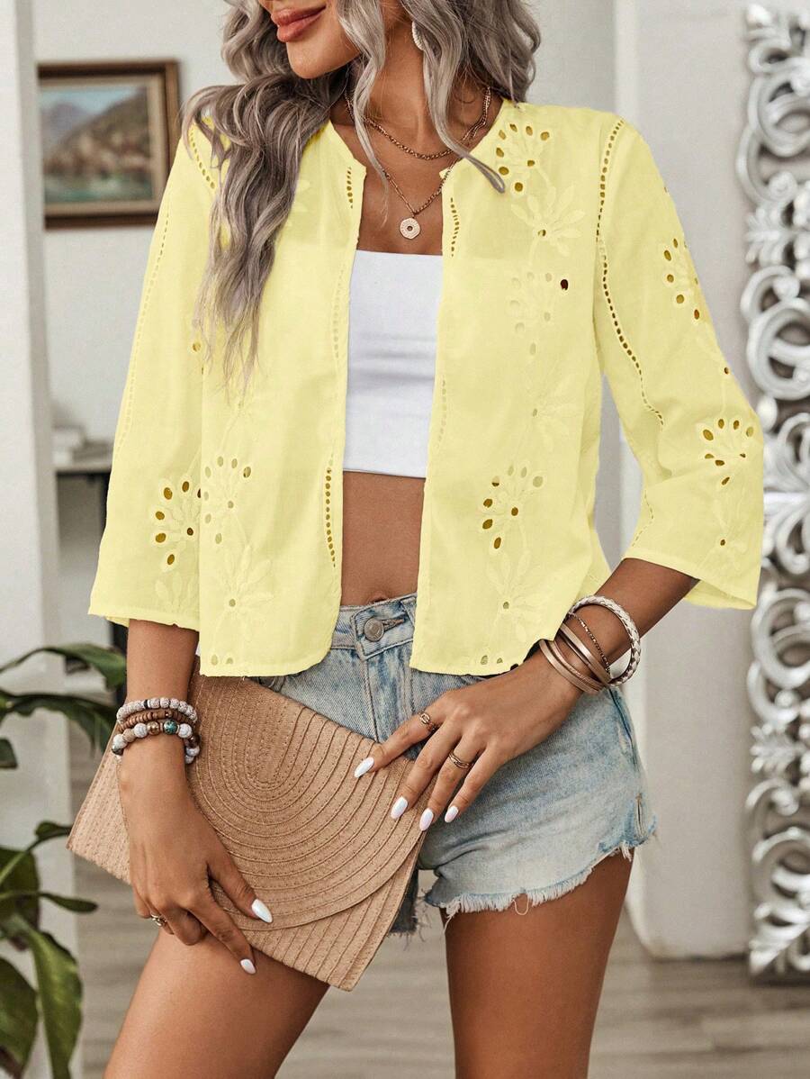 EMERY ROSE 1 件女士纯色刺绣时尚夹克，适合夏季