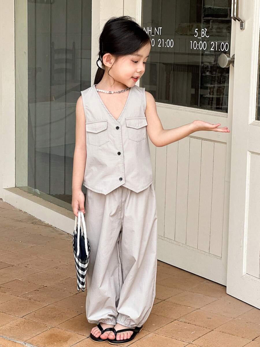 SHEIN Little Byeori Casual Khaki Vest And Pants Set For Young Girls - Grey - View 1
