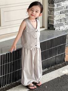 SHEIN Little Byeori Casual Khaki Vest And Pants Set For Young Girls - Grey - View 7