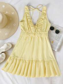 Dames mini-jurk met ruches en bandjes, effen kleur en geel, casual vakantiestijl, zomer