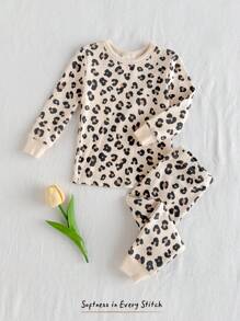 Cozy Pixies Baby Girls 2 Pieces Leopard Print Knit Soft Round Neck Short Sleeve Top And Elastic Waist Slim Fit Pants Pajama Set