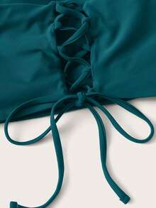 Swim Basics 2026 Special Fabric Women's Halter Backless Tie-Up Green Side High Cut 2 Pieces Bikini Swimsuit, Spring/Summer - Teal Blue - View 7