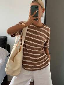 Livesso Women's Casual Sporty Contrast Striped Loose Short Sleeve Crew Neck T-Shirt, Summer