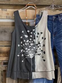 Linhara Camiseta suelta de estilo vacacional casual de verano con estampado floral en dos tonos para mujer de talla grande - Albaricoque - Ver 2