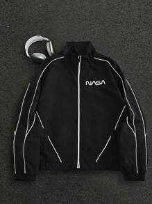 Manfinity Homme Men's Casual Street Fashion Sports Letter Print Contrast Piping Zip-Up Rave Jacket Graphic Jacket - Black - View 1