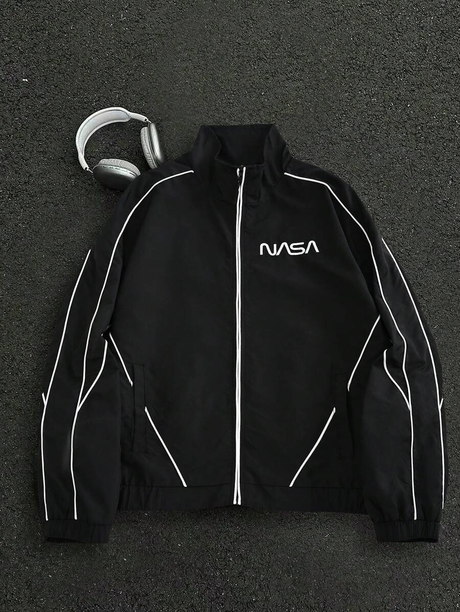 Manfinity Homme Men's Casual Street Fashion Sports Letter Print Contrast Piping Zip-Up Rave Jacket Graphic Jacket - Black - View 1