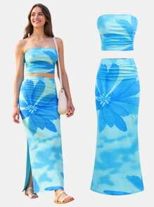 Girlism Set de 2 piezas de top corto y falda larga ajustada con estampado floral tropical, estilo vacacional para adolescentes