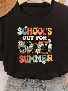Tween Girl Tropical And Letter Printed Loose Casual Summer T-Shirt With Off-Shoulder Design - Multicolor - View 5
