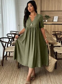 Weeklong Gaun Panjang Model A-Line untuk Wanita Ukuran Plus dengan Potongan Leher Terbuka, Kasual & Modis - Hijau - View 4