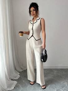 Chiquease 2pcs/Set Women Casual Contrast Color Splice Shirt And Long Pants, Simple Commuter Style, Spring/Summer - Apricot - View 5