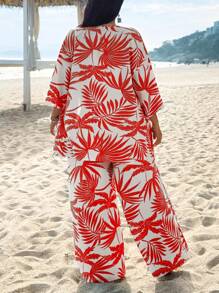 SHEIN VCAY Conjunto de 2 piezas de camisa y pantalón con estampado de hojas, talla grande, adecuado para vacaciones