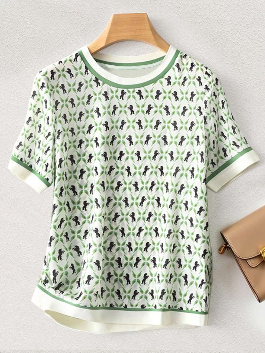 INAWLY Women Summer Casual All-Over Print Round Neck Short Sleeve T-Shirt - Multicolor - View 1