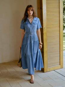 MOTF PREMIUM BELTED BUTTON UP SHORT SLEEVE DENIM DRESS - Blue - View 5