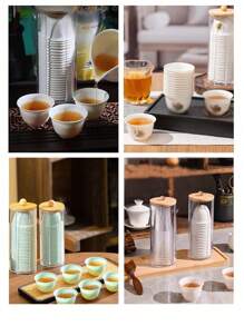 SHEIN 1 件套茶具茶杯收纳盒，适用于直径最大 2.36 英寸的茶杯，透明亚克力罐，圆形垫架，梳妆台面化妆品收纳盒（带盖） - 透明-圓球木蓋 - 查看 5
