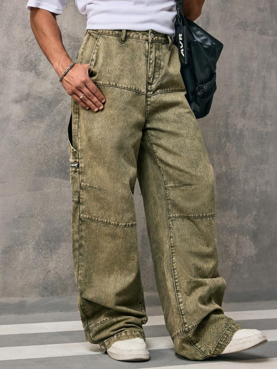 Manfinity Hypemode Quần Jeans Ống Rộng Thiết Kế Túi Cho Nam, Dáng Rộng, Thoải Mái, Thường Ngày Đa Năng - màu xanh lá - Xem 1