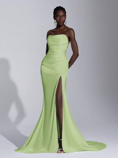 Elitara 女士简约纯色露肩高开衩缎面婚纱