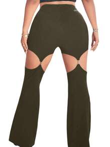 SHEIN MOOSTA Plus Festival, Boho, Hippie, Cowgirl, Old Money Solid Color Hollow Out Sexy Skinny Flare Pants Fall Cloth For Women