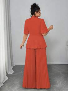 Elenzga Ensemble deux pièces femme grande taille élégant et simple d'été, avec un Top ample à manches courtes plissées et une jupe