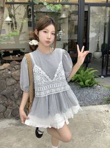 DAZY 女士休闲宽松韩版圆领蕾丝吊带T恤，二合一造型 - 灰色 - 查看 5