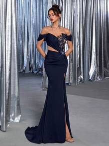 Glamrae Elegant Luxurious Embroidered Lace Rhinestone Beads Decor Elastic Knit Ruched Fishtail Dress, Off Shoulder Sleeve, Suitable For Weddings, Singles Parties, Vacation, Galas, Formal Events (Heavy Version) - Navy Blue - View 4