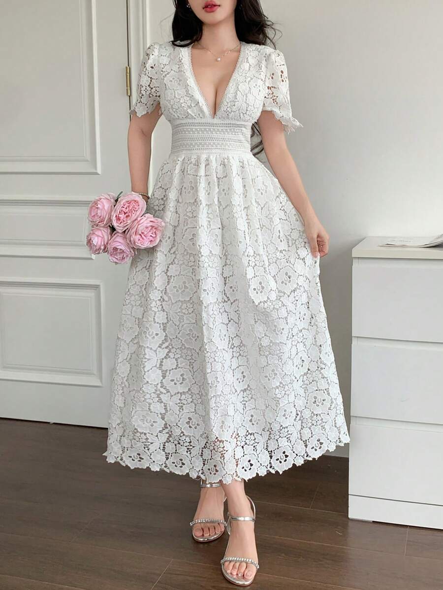 DAZY Women's Summer Deep V-Neck Lace Fabric Short Sleeve Cinched Waist Elegant LADY Style Long Maxi Party Dress - White - View 1
