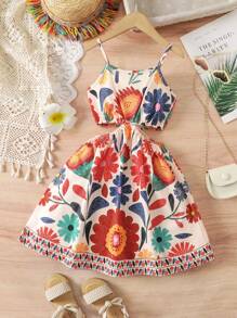 SHEIN Vestido sin mangas con abertura en la cintura y estampado floral para niña en vacaciones de verano