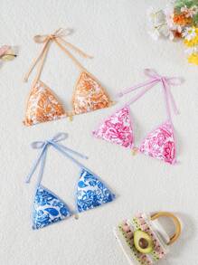Swim Vcay Women 3pcs Set Blue And White Porcelain Print Halter Backless Bikini Top,Boho Decorative Shell Pirate Ship,White,Summer,Beach Vacation,Holiday,Party - Multicolor - View 1