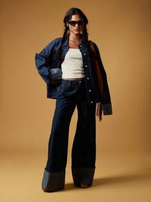MISSGUIDED Wide Leg Jeans With Exaggerated Turn Up Cuff Detail Retro High Waist Denim Pant Modern 70s Style Fall Winter Fashion - Blue - View 1