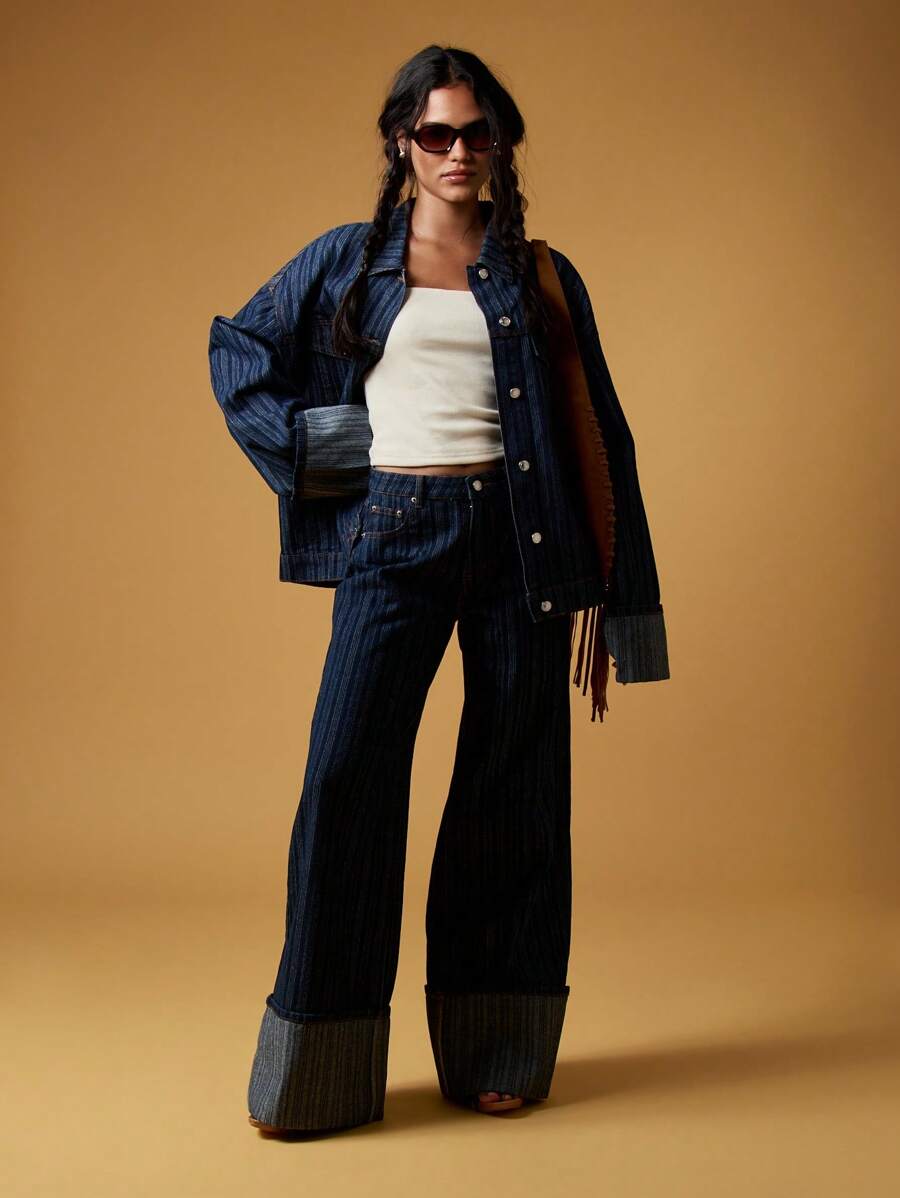 MISSGUIDED Wide Leg Jeans With Exaggerated Turn Up Cuff Detail Retro High Waist Denim Pant Modern 70s Style Fall Winter Fashion - Blue - View 1