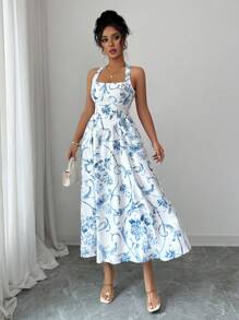 Elenzga Women Summer Vacation Dress, Blue Floral Pattern, Woven Square Neck Backless Sleeveless Fitted Waist Midi Dress - White - View 3