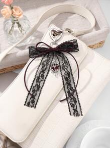 ROMWE Kawaii 1 chiếc nơ nhung phong cách Gothic cổ điển Y2K, lưới đen, móc khóa hình trái tim pha lê hình giọt nước, mặt dây chuyền cho nữ, thích hợp để đeo hàng ngày và làm quà tặng ngày lễ, Halloween - màu đen - Xem 8